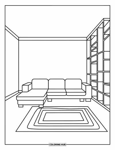 Wohnzimmer-Ausmalbild für Kinder: Modernes Wohnzimmer mit Ecksofa, Teppich und hohem Bücherregal