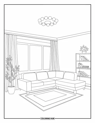 Wohnzimmer-Ausmalbild für Kinder: Modernes Wohnzimmer mit Sofa, Bücherregal und großem Fensterblick