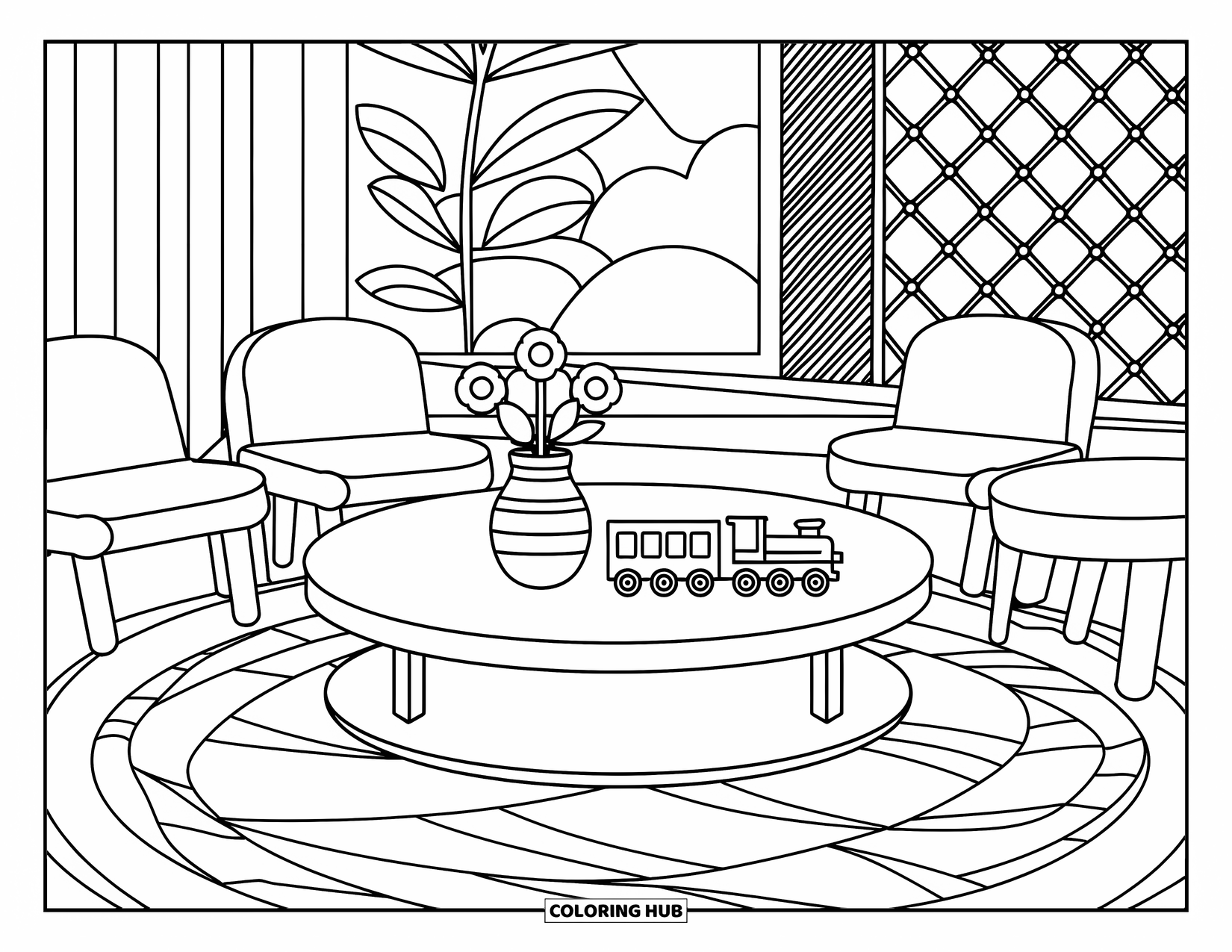 Living Room Coloring Page for Kids: Round coffee table with flower vase, toy train, and patterned rug