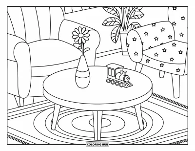Wohnzimmer-Ausmalbild für Kinder: Runder Tisch mit Blumenvase, Spielzeugzug und bunten Stühlen