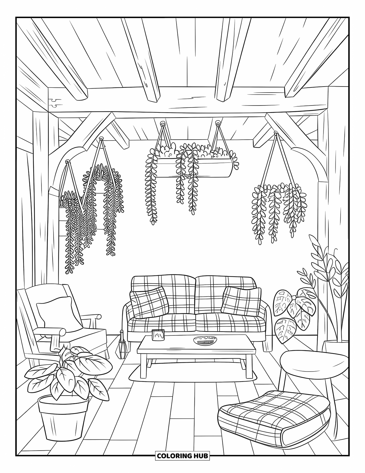 Living Room Coloring Page for Kids: Rustic chic living room with beams, plaid cushions, and cozy charm