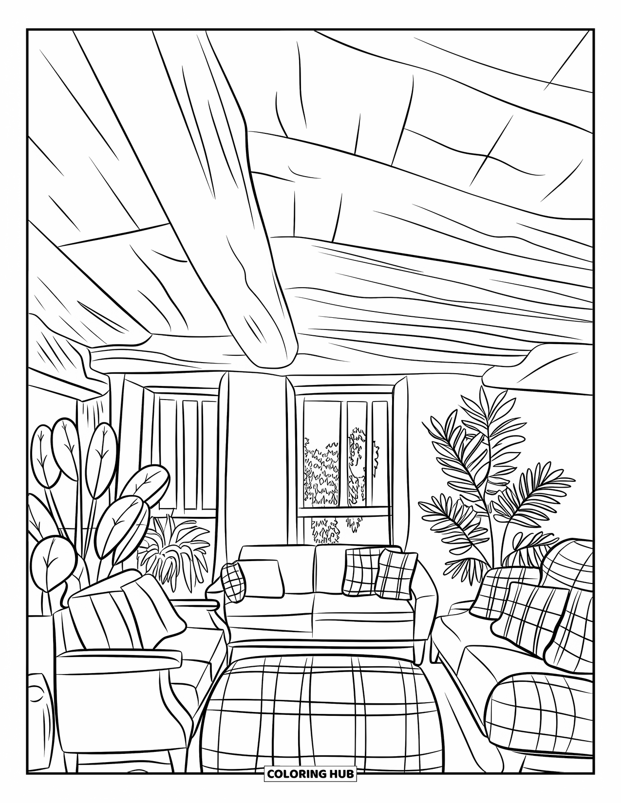 Living Room Coloring Page for Kids: Rustic chic living room with beams, plaid cushions, and plants
