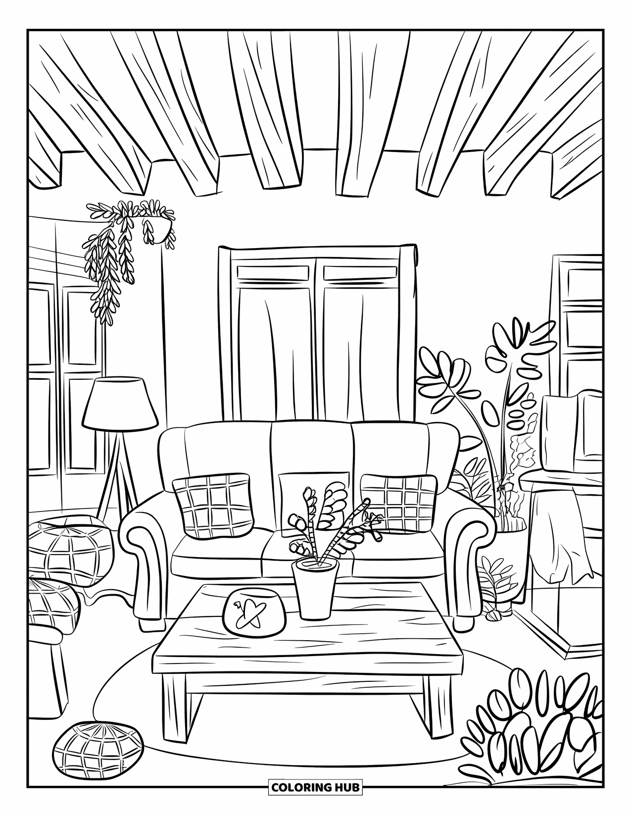 Living Room Coloring Page for Kids: Rustic chic room with plaid cushions, beams, and indoor greenery