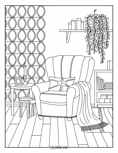 Wohnzimmer-Ausmalbild für Kinder: Skandinavischer Sessel mit Wurfdecke, Kerzentisch und gemusterter Wand