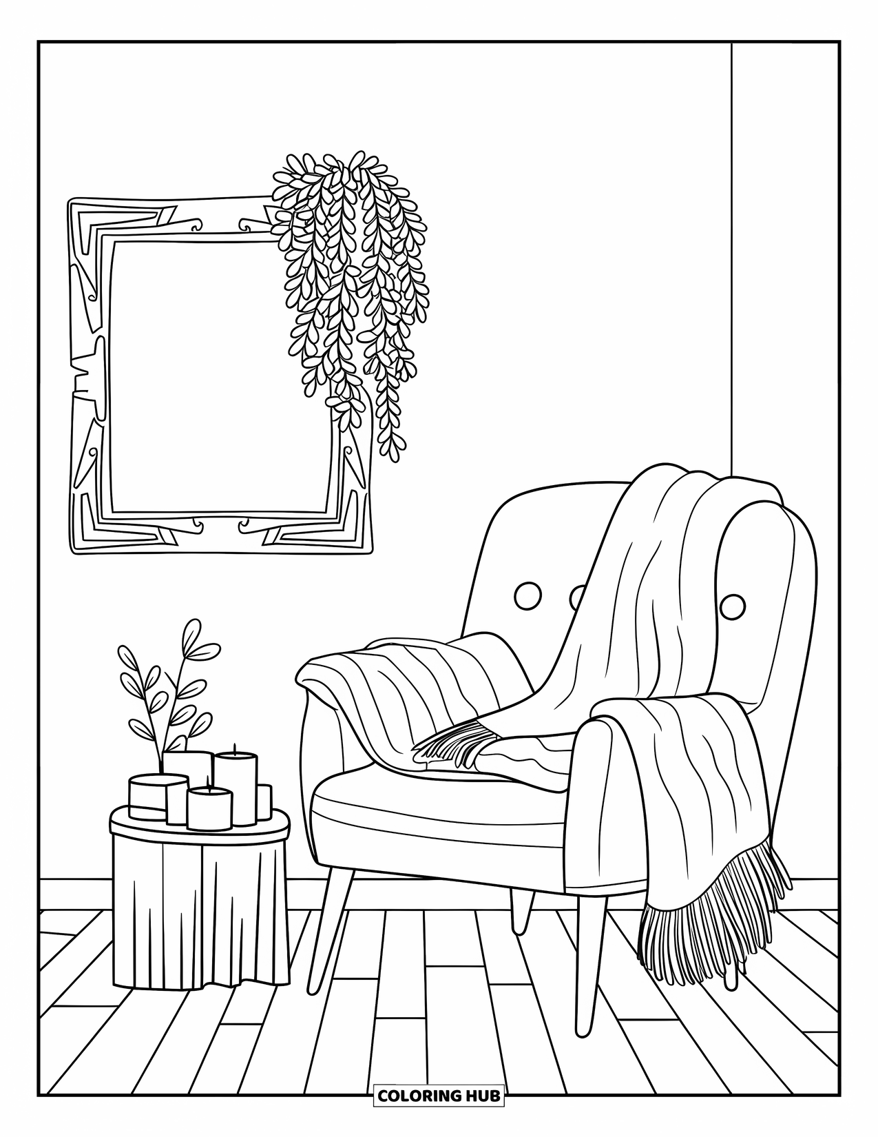 Living Room Coloring Page for Kids: Scandinavian room with cozy chair, soft throw, candles, and a plant