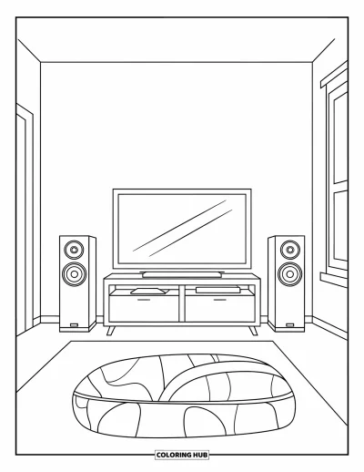 Wohnzimmer-Ausmalbild für Kinder: Einfaches Zimmer mit Fernseher, Lautsprechern, Kissen und Fenster