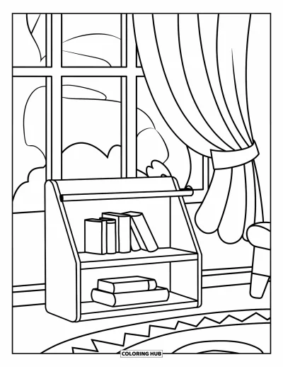 Wohnzimmer-Ausmalbild für Kinder: Kleines Bücherregal mit Büchern, Spielzeug, Teppich und Fensterblick