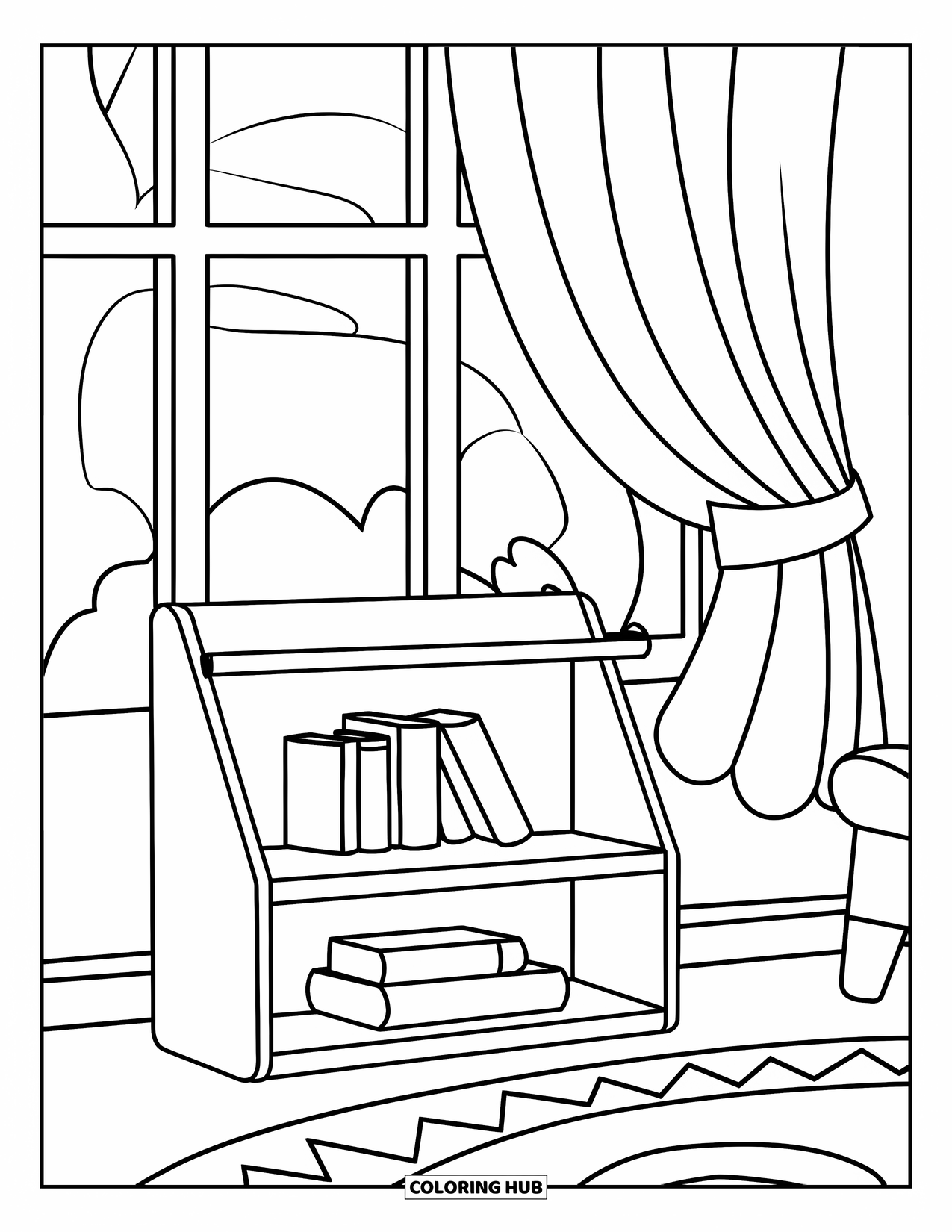 Living Room Coloring Page for Kids: Small bookshelf with books, toy, rug, and window view