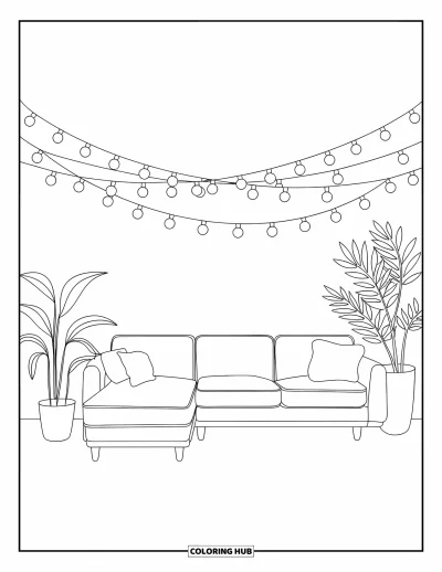 Wohnzimmer-Ausmalbild für Kinder: Stilvolles Wohnzimmer mit L-Sofa, Topfpflanzen und Lichterkette