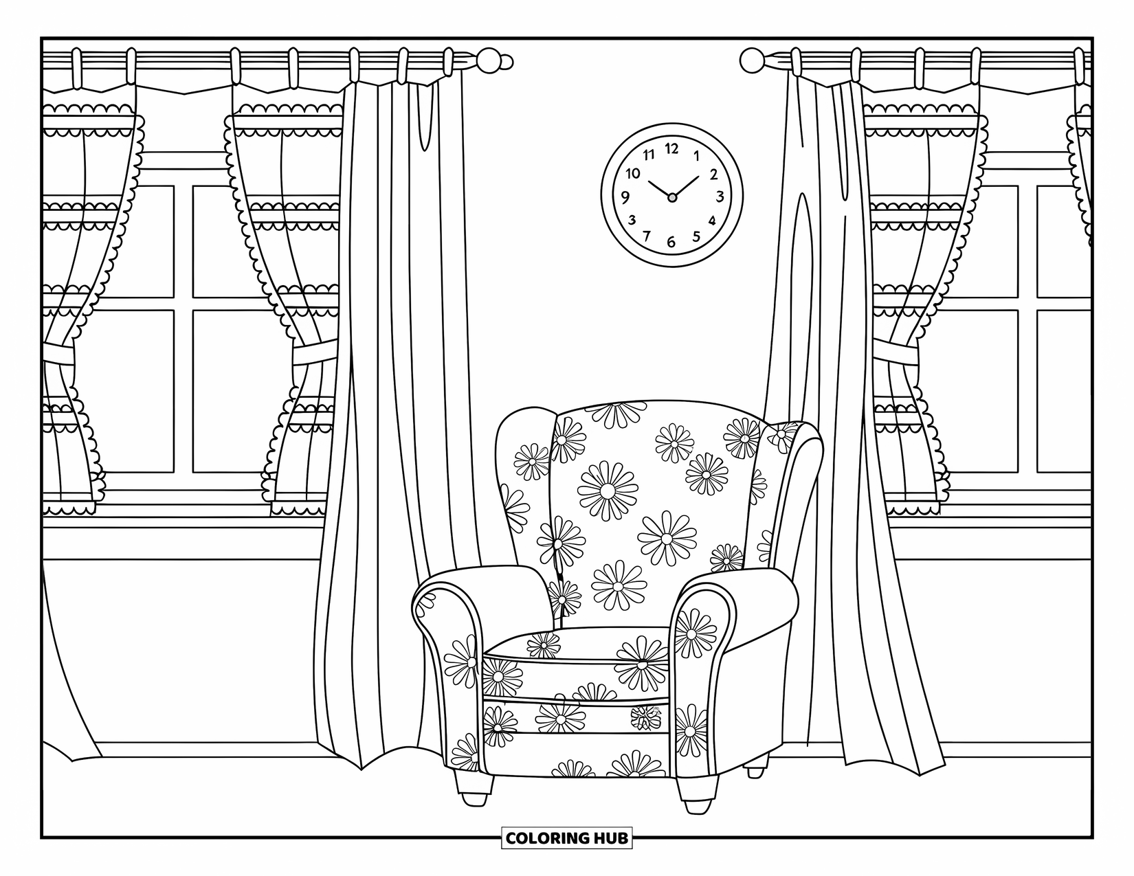 Living Room Coloring Page for Kids: Vintage armchair with lace curtains and detailed nostalgic touches