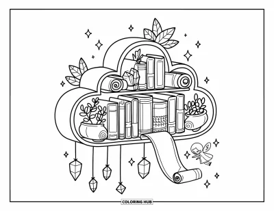 Dibujo de magia para colorear para adultos: Una estantería en forma de nube llena de pergaminos y cristales mágicos con un hada flotando