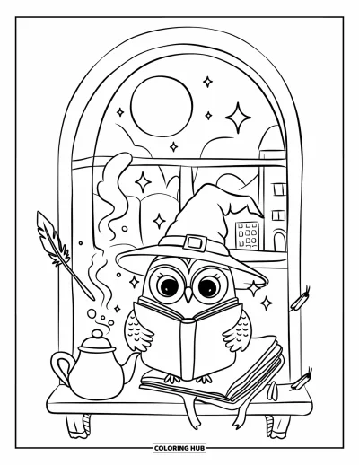 Dibujo de magia para colorear para adultos: Un alféizar con un búho con sombrero de mago leyendo un libro de hechizos