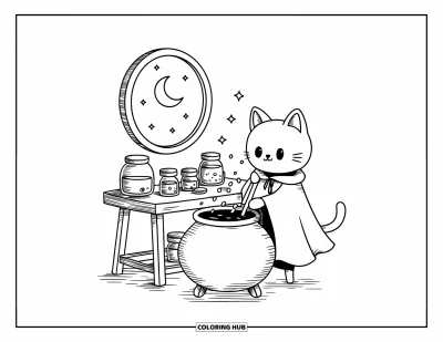 Dibujo de magia para colorear para adultos: Un rincón acogedor de mago con un caldero burbujeante y un gato kawaii preparando pociones