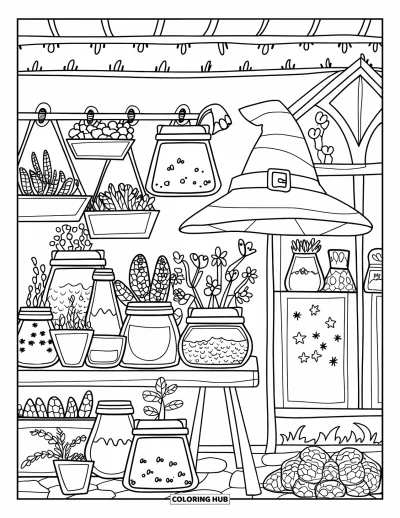 Dibujo de magia para colorear para adultos: Un adorable invernadero con frascos de hechizos, etiquetas de poción y un sombrero de bruja en la pared