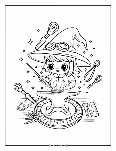 Dibujo de magia para colorear para adultos: Una herrera-bruja elabora una varita brillante con runas y herramientas encantadas a su alrededor