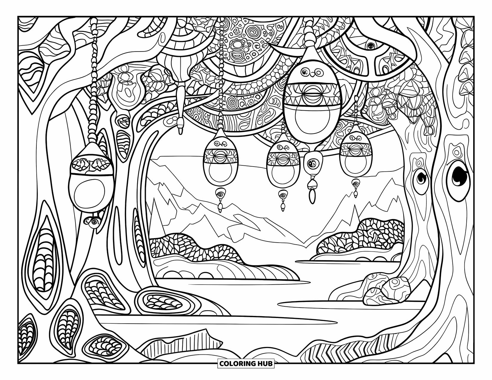 Magic Coloring Page for Adults: A detailed enchanted forest with hanging lanterns, glowing eyes, and carved mystical trees