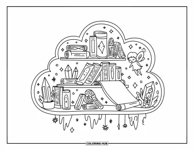 Dibujo de magia para colorear para adultos: Una estantería flotante repleta de pergaminos y cristales con un hada desenrollando un pergamino