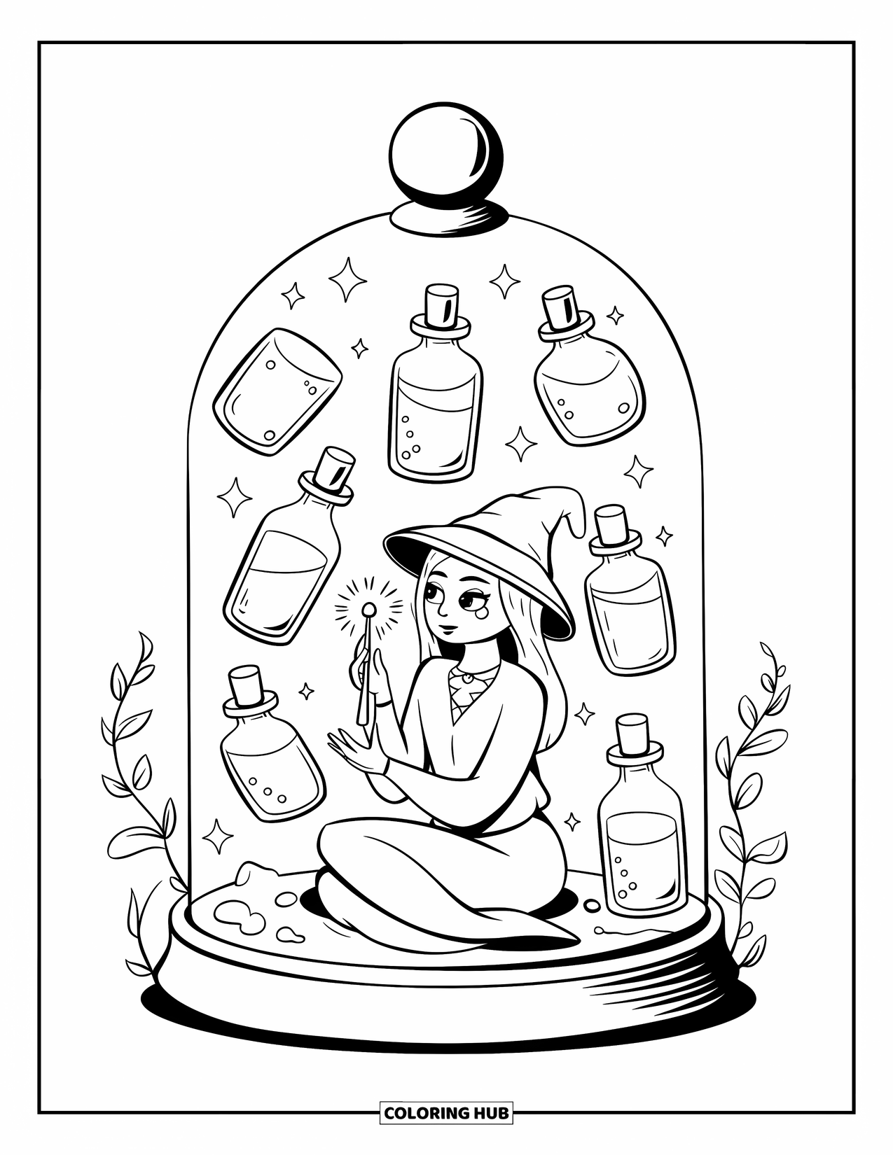 Magic Coloring Page for Adults: A kawaii sorceress under a bell jar paints sigils surrounded by enchanted potions
