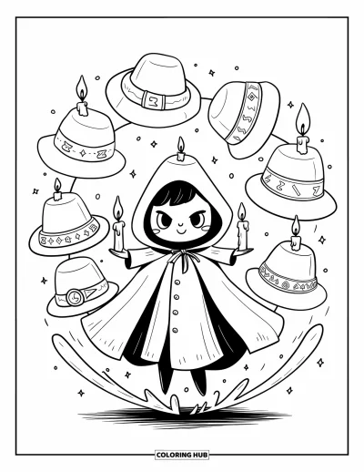 Dibujo de magia para colorear para adultos: Una hechicera kawaii rodeada de sombreros levitantes y pequeñas velas flotantes