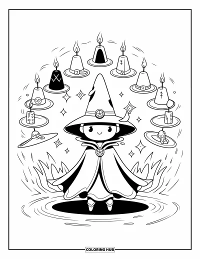 Dibujo de magia para colorear para adultos: Una hechicera kawaii con sombrero puntiagudo rodeada de sombreros flotantes y velas