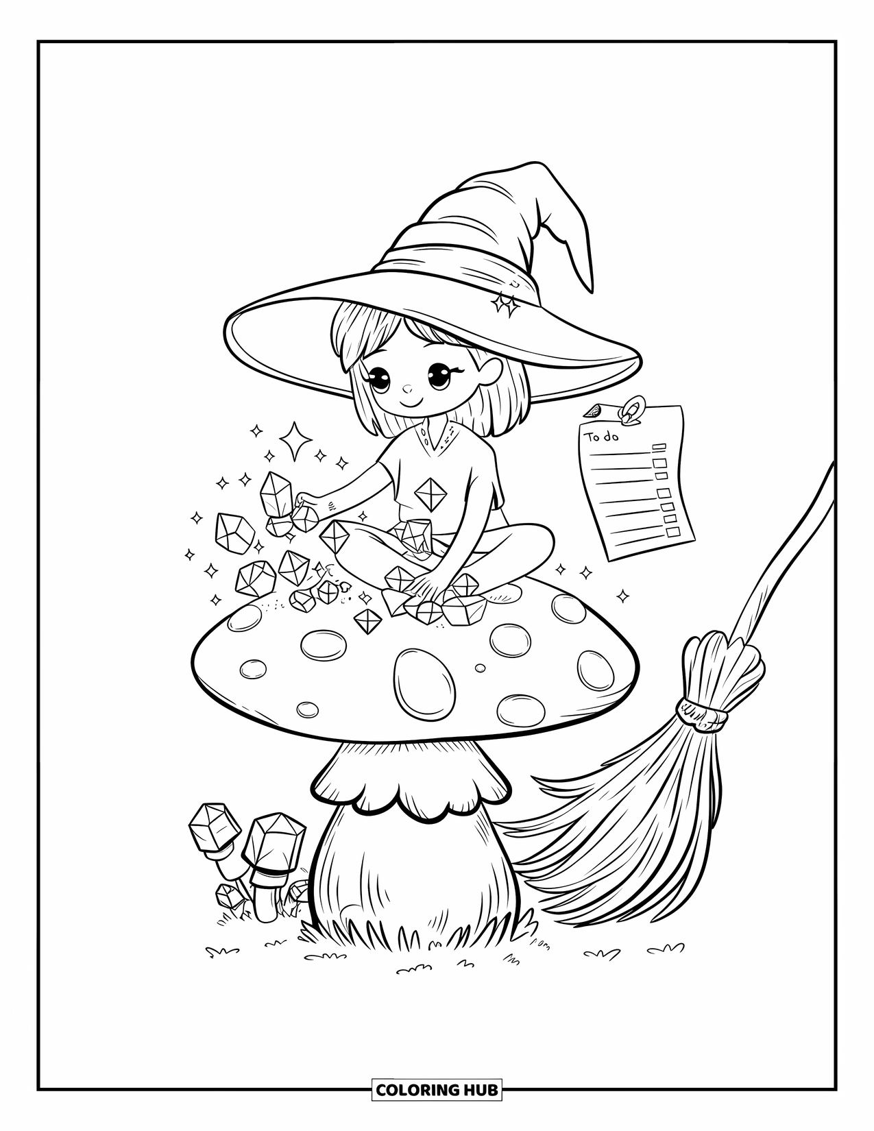 Magic Coloring Page for Adults: A kawaii witch on a mushroom cap arranging magical crystals with a hovering broom