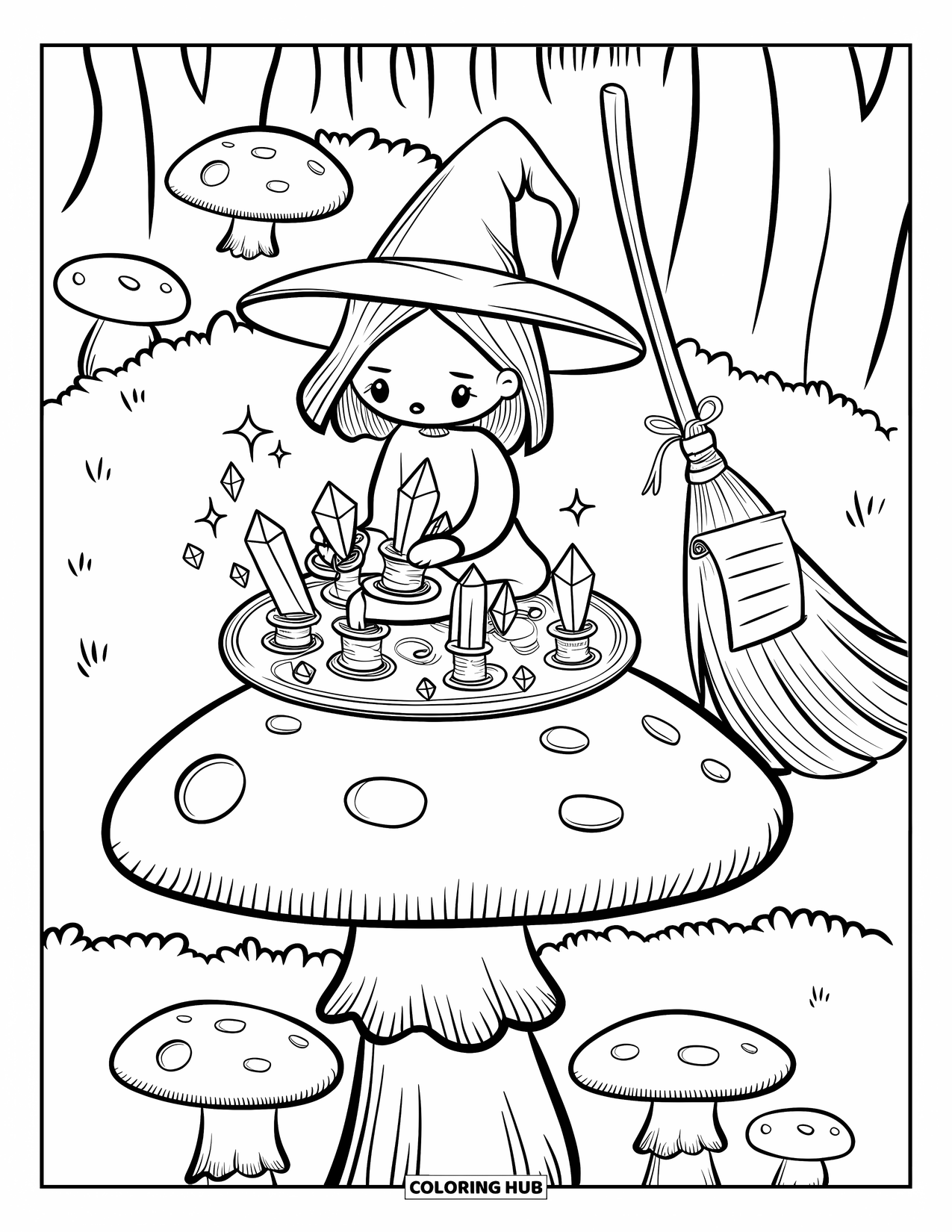 Magic Coloring Page for Adults: A kawaii witch sits on a mushroom cap arranging crystals with a hovering broom