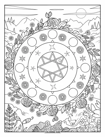 Dibujo de magia para colorear para adultos: Un gran círculo de hechizo floral con plantas, pequeños animales y fases lunares cerca
