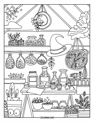 Dibujo de magia para colorear para adultos: Un invernadero mágico con frascos de hechizos colgantes, mesa de pociones y sombrero de bruja