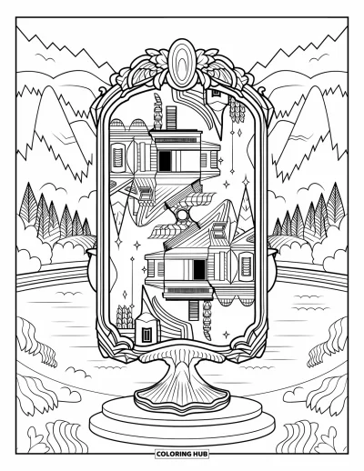 Dibujo de magia para colorear para adultos: Un espejo sobre un pedestal que refleja un mundo mágico al revés con criaturas aladas