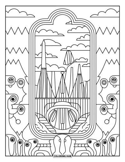 Dibujo de magia para colorear para adultos: Un espejo que revela un mundo de altas agujas, puentes y criaturas místicas con cuernos