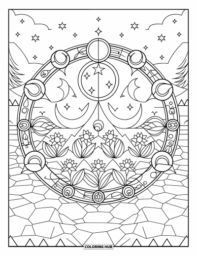Dibujo de magia para colorear para adultos: Un círculo de hechizo rústico con flores, fases lunares y un fondo de cielo estrellado