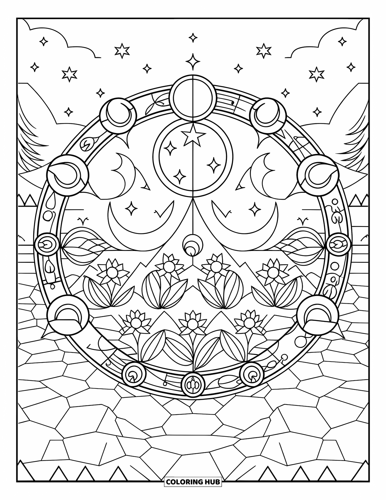 Magic Coloring Page for Adults: A rocky spell circle with flowers, moon phases, and a starry night backdrop