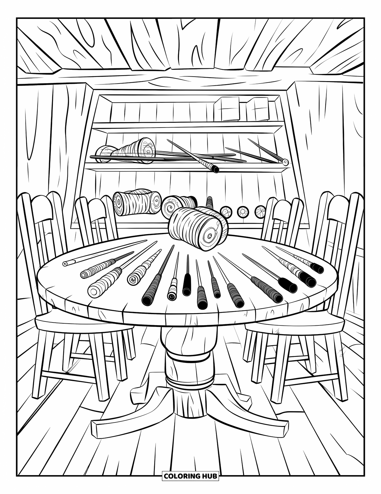 Magic Coloring Page for Adults: A rustic wand workshop with magical cores, unfinished wands, and wooden beams overhead