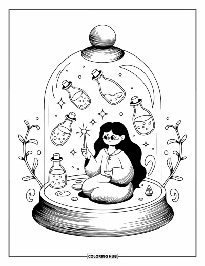 Dibujo de magia para colorear para adultos: Una hechicera bajo una campana de cristal pintando sigilos rodeada de pociones flotantes