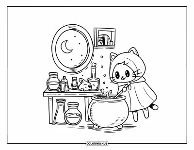 Dibujo de magia para colorear para adultos: Un pequeño rincón de mago con frascos de poción, un caldero y un gato encapuchado preparando pociones
