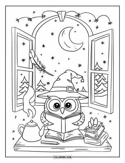 Dibujo de magia para colorear para adultos: Un búho con sombrero de mago lee a la luz de la luna junto a una tetera humeante y destellos