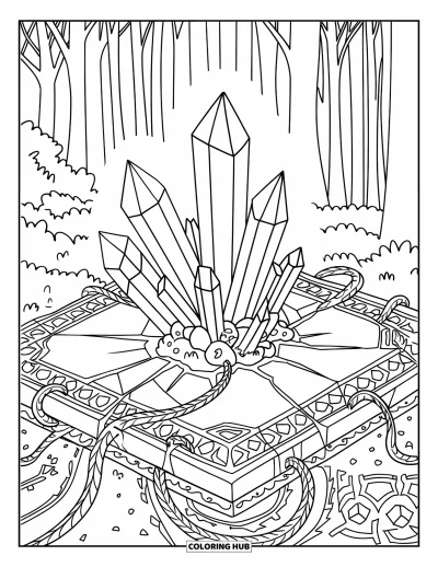 Dibujo de magia para colorear para adultos: Cristales que emergen de una tableta de hechizo rota envuelta en enredaderas y runas