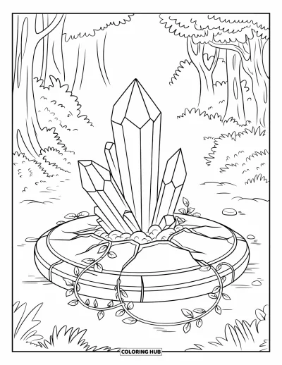 Dibujo de magia para colorear para adultos: Cristales que brotan de una tableta rota envuelta en enredaderas dentro de un bosque