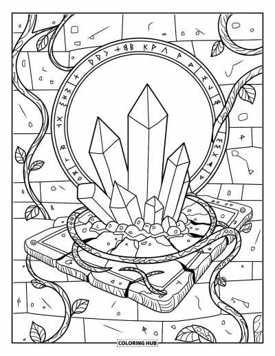 Dibujo de magia para colorear para adultos: Cristales que se elevan de una tableta de hechizo rota rodeada de enredaderas retorcidas y hojas