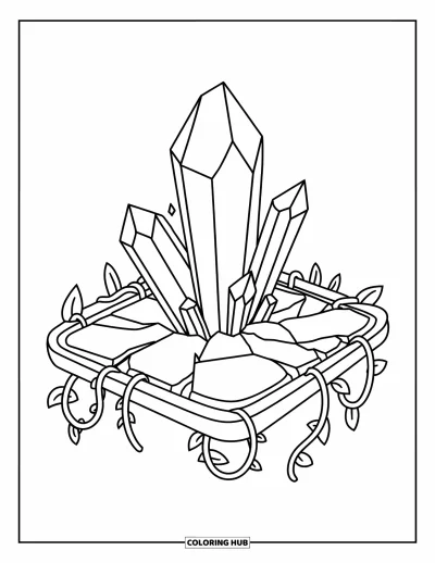 Dibujo de magia para colorear para adultos: Cristales que emergen de una tableta de hechizo rota con enredaderas a su alrededor