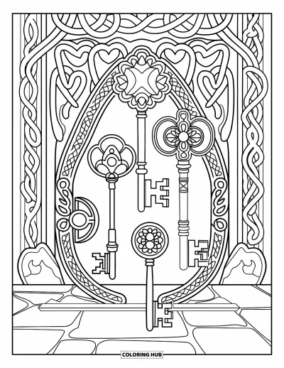Dibujo de magia para colorear para adultos: Llaves mágicas flotando sobre piedra con patrones de serpiente entrelazada y corazones