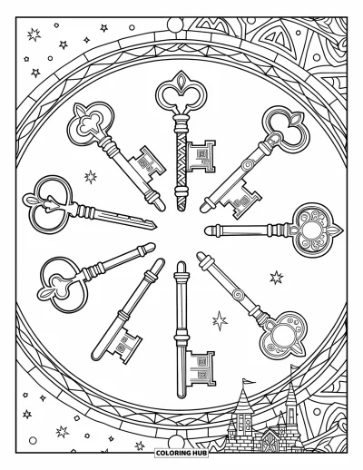 Dibujo de magia para colorear para adultos: Llaves mágicas flotando en círculo con un cielo estrellado y un castillo de fondo