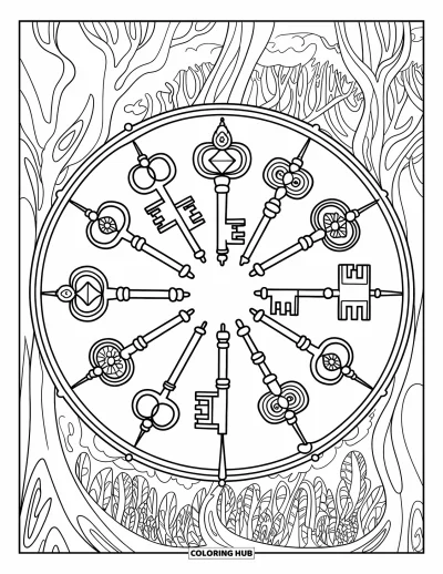 Dibujo de magia para colorear para adultos: Llaves mágicas con patrones únicos dispuestas en círculo sobre una escena de bosque