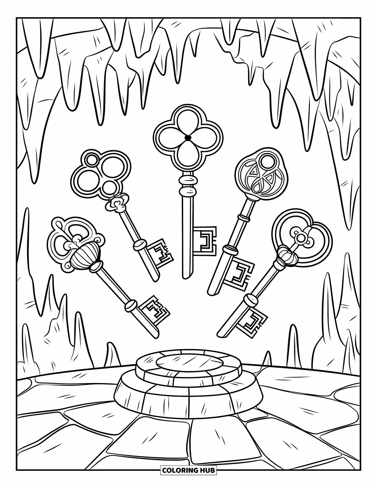 Magic Coloring Page for Adults: Magical keys with unique symbols floating above a stone pedestal in a cave