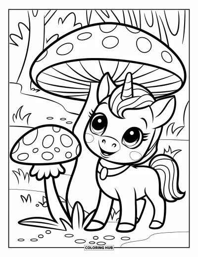 Dibujo de magia para colorear para niños: Un unicornio bebé con collar junto a una seta en un bosque