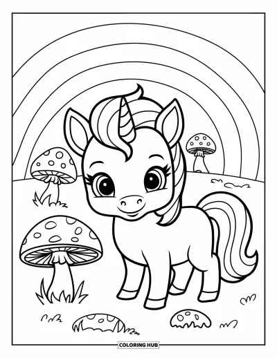 Dibujo de magia para colorear para niños: Un unicornio bebé con crin colorida junto a una seta y un arcoíris