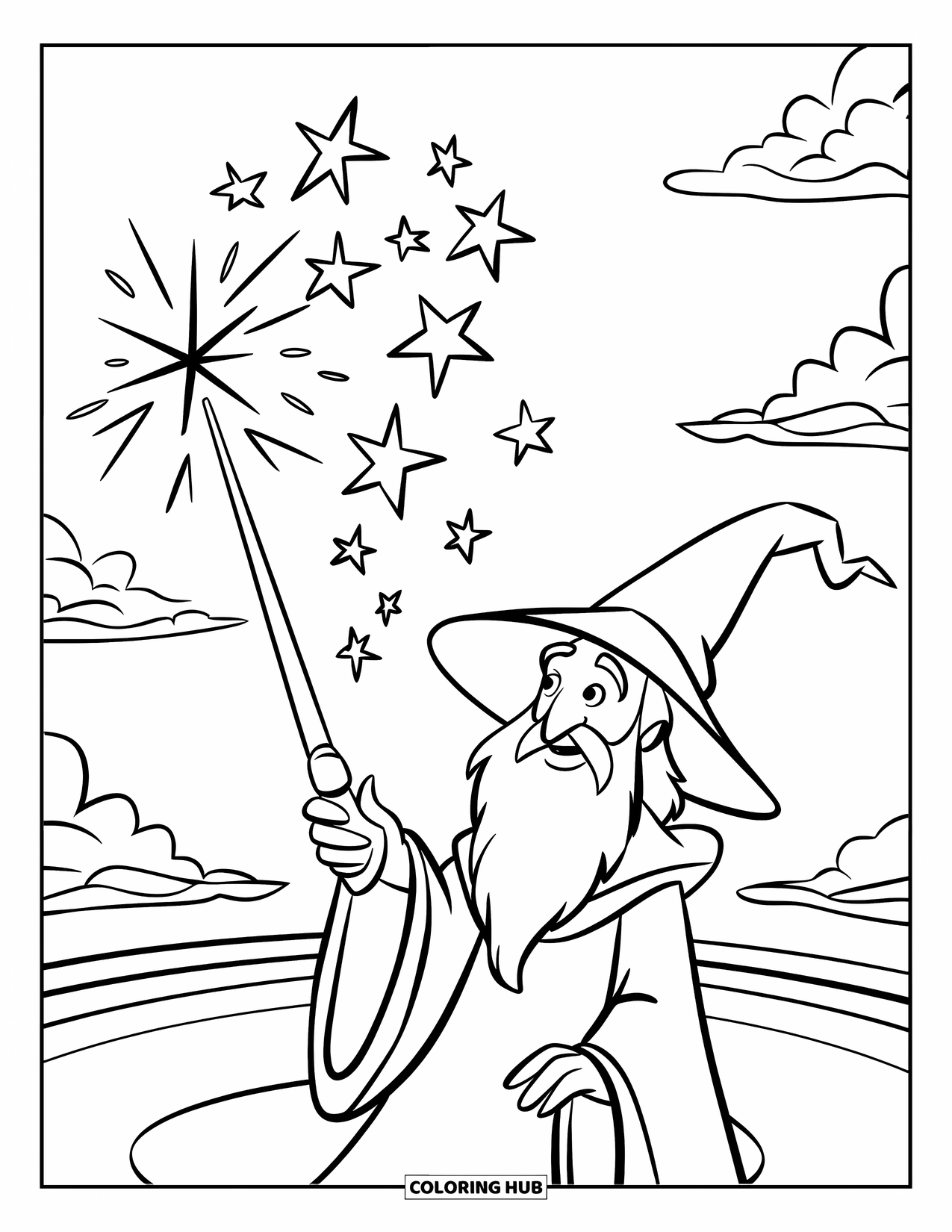 Magic Coloring Page for Kids: A bearded wizard waves a wand shooting stars into a cloudy night sky