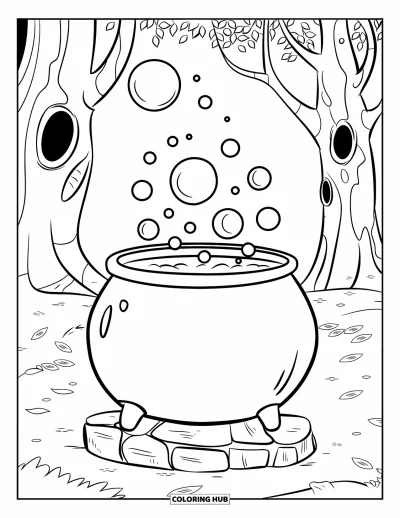 Dibujo de magia para colorear para niños: Un caldero burbujeante sobre piedra rodeado de árboles fantásticos en un claro frondoso