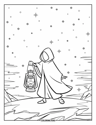 Dibujo de magia para colorear para niños: Una figura encapuchada sostiene una linterna estrellada bajo un vasto cielo nocturno lleno de estrellas