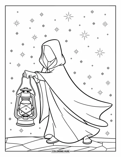 Dibujo de magia para colorear para niños: Una figura encapuchada sobre terreno rocoso sosteniendo una linterna llena de estrellas
